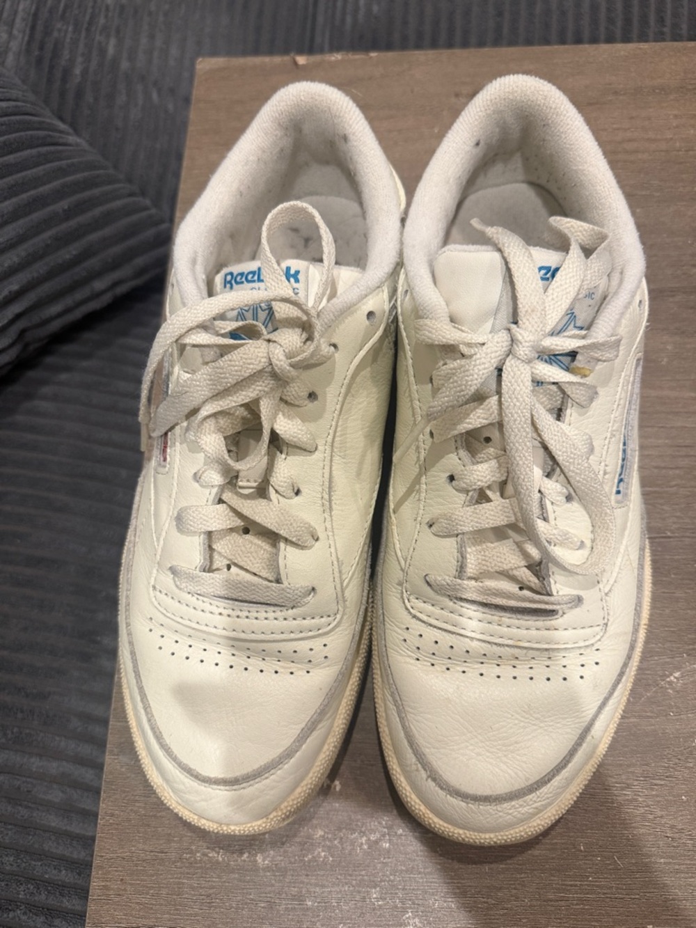 Reebok Off-White Leather Low-Top Sneakers with Light Blue Accents